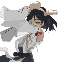 Rule 34 | 1girl, absurdres, arms up, bad id, bad twitter id, black hair, covering own mouth, detached sleeves, glasses, green-framed eyewear, green eyes, hairband, headgear, highres, japanese clothes, kantai collection, kirishima (kancolle), looking at viewer, ribbon-trimmed sleeves, ribbon trim, short hair, simple background, solo, umi owl, upper body, white background