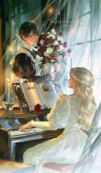Rule 34 | 2girls, black dress, black hair, blonde hair, candle, closed mouth, curtains, dress, flower, highres, indoors, instrument, juliet sleeves, long sleeves, looking at another, multiple girls, music, original, piano, playing instrument, puffy sleeves, red flower, red rose, rose, rrr (reason), sheet music, short hair, sitting, standing, white dress