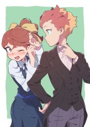 Rule 34 | 2girls, ahoge, amanda o&#039;neill, black coat, black vest, blue ribbon, blue skirt, blue vest, blush, closed mouth, coat, collared shirt, commentary request, crossdressing, formal, green background, green eyes, hand on own hip, hands up, hannah england, highres, little witch academia, long sleeves, multicolored hair, multiple girls, neck ribbon, nose blush, one eye closed, open mouth, orange hair, pants, purple pants, red hair, reverse trap, ribbon, shirt, simple background, skirt, standing, suit, tama (tama-s), vest, white shirt, wing collar, yellow eyes, yuri
