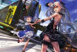 Rule 34 | 4girls, aircraft, airplane, akihabara (tokyo), audi, audi r8, backless dress, backless outfit, bare back, bare shoulders, black panties, blue hair, camera, cirno, contrail, contemporary, dan evan, day, dress, dutch angle, garter belt, holding hands, happy, highres, ice, ice wings, izayoi sakuya, long hair, looking back, motion blur, multiple girls, open mouth, panties, pantyshot, product placement, remilia scarlet, road, short hair, silver hair, skirt, smile, sparkle, street, tokyo (city), touhou, underwear, vanishing point, wings