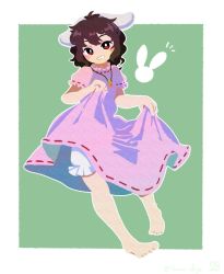 Rule 34 | 1girl, animal ears, barefoot, bloomers, blush, brown hair, carrot necklace, dress, frilled sleeves, frills, full body, grin, inaba tewi, jewelry, looking at viewer, necklace, one-hour drawing challenge, pink dress, rabbit ears, rabbit girl, red eyes, ribbon-trimmed dress, short hair, smile, solo, touhou, underwear, wavy hair, yawano dayo