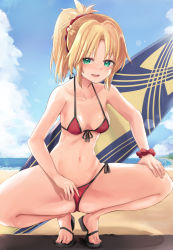 Rule 34 | 1girl, beach, bikini, blue sky, cloud, day, fate/apocrypha, fate/grand order, fate (series), front-tie bikini top, front-tie top, green eyes, hair ornament, hair scrunchie, highres, lens flare, mordred (fate), mordred (fate) (all), mordred (fate/apocrypha), mordred (swimsuit rider) (fate), mordred (swimsuit rider) (first ascension) (fate), neneru, outdoors, parted bangs, ponytail, red bikini, red scrunchie, scrunchie, side-tie bikini bottom, sky, solo, squatting, surfboard, swimsuit, toeless footwear, waves, wrist scrunchie