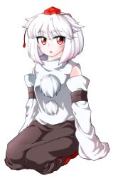 Rule 34 | 0-den, 1girl, animal ears, bare shoulders, blush, detached sleeves, full body, hat, highres, inubashiri momiji, looking at viewer, pom pom (clothes), red eyes, seiza, short hair, sitting, sleeves past wrists, solo, tokin hat, touhou, triangle mouth, white hair, wide sleeves, wolf ears