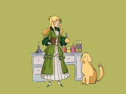 Rule 34 | 1girl, audrey hall, blonde hair, blush, chinese commentary, commentary request, corset, desk, dog, dress, closed eyes, flask, fyy2333, gloves, golden retriever, green background, green dress, green footwear, green ribbon, hand on own hip, highres, holding, holding flask, long hair, long sleeves, lord of the mysteries, ribbon, simple background, smile, susie (lord of the mysteries), white gloves, white legwear
