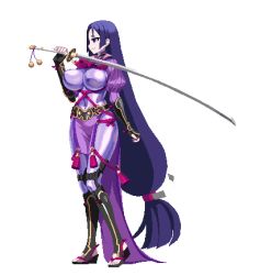 Rule 34 | 1girl, 774 (nanashi), bodysuit, breasts, fate/grand order, fate (series), full body, huge breasts, impossible bodysuit, impossible clothes, katana, legs, long hair, low-tied long hair, lowres, minamoto no raikou (fate), ootachi, pixel art, purple bodysuit, purple eyes, purple hair, shoes, solo, standing, sword, thighs, toeless footwear, transparent background, very long hair, weapon
