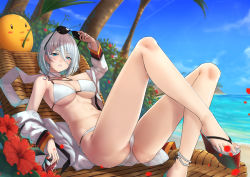 Rule 34 | 1girl, adjusting eyewear, alternate costume, anklet, arm support, armpits, ass, azur lane, baggy clothes, bikini, blue eyes, blurry, blurry background, breasts, cameltoe, can, chair, cleavage, closed mouth, coat, collarbone, cross, cross earrings, day, earrings, eva (hq8nn1ef), unworn eyewear, groin, hair between eyes, hand on eyewear, head tilt, holding, holding can, holding removed eyewear, jewelry, large breasts, looking at viewer, lounge chair, lying, navel, outdoors, palm tree, parted lips, petals, ring, sandals, scarf, short hair, sidelocks, silver hair, sitting, skindentation, solo, sparkle, stomach, sunglasses, swimsuit, thighs, tirpitz (azur lane), tirpitz (snow-melting summer) (azur lane), tree, wedding ring, wet, white bikini, white coat, white scarf, wind