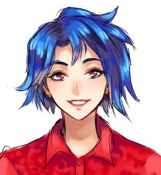 Rule 34 | 1girl, blue hair, collared shirt, commentary request, emily (stardew valley), eyelashes, portrait, red shirt, reef (sanomsai products), shirt, short hair, simple background, sketch, solo, stardew valley, teeth, white background