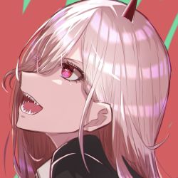Rule 34 | 1girl, black jacket, bright pupils, chainsaw man, collared shirt, commentary request, cross-shaped pupils, crosshair pupils, dande cat, demon girl, demon horns, eyes visible through hair, from side, hair between eyes, horns, jacket, long hair, looking to the side, open mouth, pink hair, portrait, power (chainsaw man), red background, red horns, sharp teeth, shirt, solo, symbol-shaped pupils, teeth, white shirt