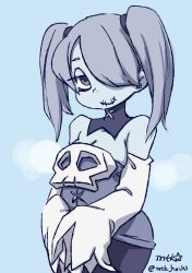 Rule 34 | 1girl, blue background, blue hair, blue skin, colored skin, detached collar, detached sleeves, hair over one eye, monochrome, mtk hoshi, skullgirls, smile, solo, squigly (skullgirls), stitched mouth, stitches, twintails, upper body, zombie