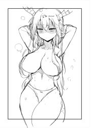 Rule 34 | 1girl, armpits, arms up, breasts, closed mouth, collarbone, cool-kyou shinja, dot mouth, dragon girl, dragon horns, dragon tail, glaring, greyscale, highres, horns, kobayashi-san chi no maidragon, large breasts, long hair, monochrome, navel, no bra, official art, outside border, panties, stomach, tail, thick thighs, thighs, tohru (maidragon), topless, underwear, wide hips