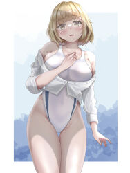 Rule 34 | 1girl, blunt bangs, breasts, brown eyes, collared shirt, competition swimsuit, dress shirt, eyebrows hidden by hair, highleg, highleg swimsuit, highres, large breasts, light brown hair, looking at viewer, mashinatsu, one-piece swimsuit, open clothes, open shirt, original, shirt, short hair, smile, solo, swimsuit, thigh gap, two-tone swimsuit, white one-piece swimsuit, white shirt