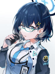 Rule 34 | 1girl, black hair, blue archive, blue necktie, can, chihiro (blue archive), collarbone, collared shirt, commentary request, glasses, green eyes, hair between eyes, hair ornament, halo, highres, holding, holding can, id card, jacket, lanyard, long sleeves, looking at viewer, multicolored clothes, multicolored jacket, necktie, nitoron, open clothes, open jacket, parted lips, rabbit hair ornament, school uniform, semi-rimless eyewear, shirt, short hair, sidelocks, simple background, solo, two-tone jacket, white shirt