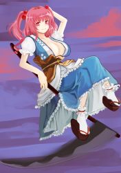 Rule 34 | 1girl, areola slip, breasts, cleavage, cloud, collarbone, frilled skirt, frills, hair bobbles, hair ornament, hand on own head, highres, large breasts, looking at viewer, looofa, onozuka komachi, pink eyes, pink hair, puffy short sleeves, puffy sleeves, reclining, sash, scythe, short sleeves, skirt, sky, smile, solo, touhou, two side up