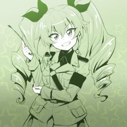 Rule 34 | 10s, 1girl, anchovy (girls und panzer), arm grab, armband, belt, commentary, dress shirt, drill hair, epaulettes, girls und panzer, green theme, grey jacket, grin, hair ribbon, holding, holding riding crop, jacket, long hair, long sleeves, looking at viewer, military, military uniform, monochrome, nakahira guy, pants, ribbon, riding crop, sam browne belt, shirt, smile, solo, standing, star (symbol), starry background, twin drills, twintails, uniform, upper body