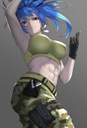 Rule 34 | 1girl, abs, armlet, bare shoulders, belt, black gloves, blue eyes, blue hair, breasts, camouflage, camouflage pants, dog tags, earrings, gloves, highres, jewelry, leona heidern, looking down, navel, pants, ponytail, pouch, sato one1, simple background, solo, tank top, the king of fighters, the king of fighters xiv, the king of fighters xv