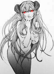 Rule 34 | 1girl, bent over, breasts, chyko7080, demon girl, greyscale, horns, large breasts, long hair, monochrome, nude, original, red eyes, solo, spot color