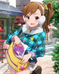 Rule 34 | 10s, 1girl, :d, bag, blush, brown eyes, brown hair, earmuffs, fur trim, futami mami, idolmaster, idolmaster (classic), idolmaster million live!, jacket, jpeg artifacts, looking at viewer, official art, open mouth, outdoors, palid, plaid, plaid jacket, plant, potted plant, shorts, side ponytail, smile, tablecloth
