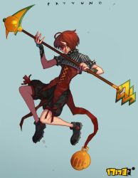 Rule 34 | 00s, 1girl, battle mage, dungeon and fighter, earrings, jewelry, red hair, shoes, short hair, shorts, staff