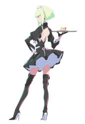 Rule 34 | 1boy, adapted costume, alternate costume, ascot, back, back cutout, backless outfit, black gloves, black jacket, black thighhighs, blonde hair, boots, cake, clothing cutout, crossdressing, enmaided, food, frilled skirt, frills, gloves, green hair, half gloves, hand on own hip, high heel boots, high heels, highres, jacket, light-8823, lio fotia, maid, maid headdress, male focus, petticoat, promare, purple eyes, ribbon, short hair, skirt, solo, thighhighs, trap, tray