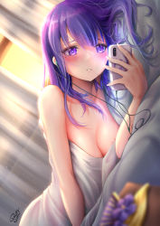 Rule 34 | 1girl, alternate costume, areola slip, bare arms, blurry, blurry foreground, blush, breasts, cleavage, curtains, dutch angle, genshin impact, highres, holding, holding phone, implied masturbation, indoors, long hair, looking at phone, looking at viewer, lying, mitsudomoe (shape), mole, mole under eye, on side, out-of-frame censoring, parted lips, phone, purple eyes, purple hair, raiden shogun, raised eyebrows, royboy, signature, solo, sweat, tomoe (symbol), window