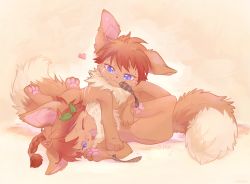 Rule 34 | :3, ancesra, animal focus, artist name, blue eyes, blush, braid, braided ponytail, brown background, brown hair, brown theme, closed mouth, commission, creatures (company), eevee, fang, feathers, fluffy, tickling feet, from side, full body, game freak, gen 1 pokemon, hair ornament, hair tie, half-closed eye, half-closed eyes, heart, holly, holly hair ornament, laughing, light blush, long hair, looking at another, looking down, lying, mouth hold, nintendo, no humans, nose blush, on back, on ground, one eye closed, open mouth, pawpads, pokemon, pokemon (creature), restrained, scar, scar across eye, scar on face, short hair, sidelocks, simple background, single braid, smile, sweat, tears, tickling, watermark, wince