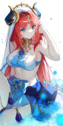Rule 34 | 1girl, absurdres, bare shoulders, blue skirt, blush, breasts, fake horns, genshin impact, green eyes, hair ornament, harem outfit, highres, horns, jewelry, large breasts, long hair, looking at viewer, low twintails, neck ring, nilou (genshin impact), red hair, sash, shotgunman, sidelocks, sitting, skirt, smile, solo, thighs, twintails, veil, water