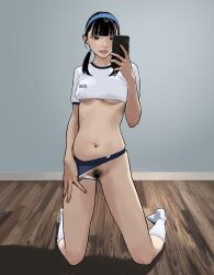 Rule 34 | 1girl, absurdres, arm at side, black eyes, black hair, blue background, blue buruma, blue hairband, blunt bangs, breasts, buruma, buruma aside, cellphone, closed mouth, clothing aside, commentary, covered erect nipples, cropped shirt, cropped torso, facing viewer, female pubic hair, full body, gym shirt, gym uniform, hairband, hand up, highres, hiramedousa, holding, holding phone, indoors, kneeling, lips, looking at phone, medium breasts, medium hair, mole, mole on leg, mole on stomach, mole under eye, narrowed eyes, navel, no shoes, original, panties, panties aside, phone, pubic hair, pulled by self, pussy, selfie, sexting, shirt, short sleeves, smartphone, socks, solo, symbol-only commentary, taking picture, twintails, underboob, underwear, white panties, white socks, wooden floor