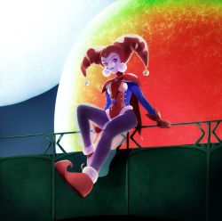 Rule 34 | 1girl, bad id, bad pixiv id, bodysuit, breasts, chrono cross, commentary request, facepaint, gloves, harlequin, hat, jester cap, leotard, ouse (otussger), pants, pom pom (clothes), red eyes, red gloves, red leotard, solo, tassel, harle (chrono cross)