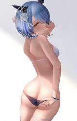 Rule 34 | 1girl, absurdres, ass, azuma (sospower73), azur lane, bikini, black bikini, blue eyes, bracelet, breasts, butt crack, cowboy shot, cross, cross necklace, from behind, gascogne (azur lane), gascogne (tropical environs acclimation service equipment) (azur lane), hair ornament, hair over one eye, hand up, highres, jewelry, medium breasts, necklace, short hair, simple background, solo, swept bangs, swimsuit, two-tone bikini, white background, white bikini, yellow eyes