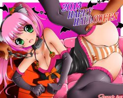 Rule 34 | 1girl, animal ears, breasts, cat ears, chain, cleavage, collar, dr rex, elbow gloves, gloves, green eyes, halloween, leash, long hair, original, panties, pink hair, solo focus, striped clothes, striped panties, thighhighs, twintails, underwear