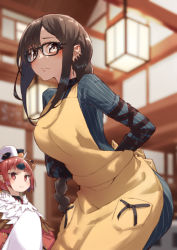 Rule 34 | 2girls, apron, arms behind back, benienma (fate), bird hat, black gloves, blurry, blurry background, blush, braid, braided ponytail, breasts, brown eyes, brown hair, brown headwear, choker, dress, ear piercing, earrings, elbow gloves, fate/grand order, fate (series), feather trim, glasses, gloves, grey dress, japanese clothes, jewelry, kimono, large breasts, leaning forward, long hair, long sleeves, looking at viewer, low ponytail, magic chocolate, multiple earrings, multiple girls, parted bangs, piercing, red eyes, red hair, red kimono, ribbed dress, single braid, small breasts, smile, turtleneck, turtleneck dress, tying apron, very long hair, wide sleeves, yellow apron, yu mei-ren (fate), yu mei-ren (first ascension) (fate)