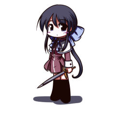 Rule 34 | black eyes, black hair, bow, chibi, fictional sister, kanon, kawasumi mai, long hair, ribbon, solo, sword, weapon
