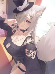 Rule 34 | 1girl, absurdres, animal ear fluff, animal ears, black collar, black hat, blue eyes, blush, breasts, collar, cross, cross necklace, curtains, dog tags, fishnets, floral print, flower, grin, hair over one eye, hat, hat flower, heterochromia, highres, indoors, jewelry, kemomimi refle!, kuyukian3, large breasts, long hair, long sleeves, looking at viewer, nail polish, necklace, orange eyes, purple nails, ronomiya hinagiku, rose, smile, solo, tail, thigh strap, tilted headwear, top hat, virtual youtuber, white flower, white rose, window