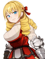 Rule 34 | 1girl, armor, blonde hair, blue eyes, braid, breasts, closed mouth, dress, drill hair, french braid, ginji74, hair intakes, hair ribbon, large breasts, long hair, pinafore dress, red dress, red ribbon, ribbed sweater, ribbon, scarlett (unicorn overlord), simple background, sleeveless, sleeveless dress, smile, solo, sweater, unicorn overlord, white background, white sweater