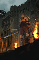 Rule 34 | 1girl, agrias oaks, armor, bad id, bad twitter id, battlement, blonde hair, boots, braid, braided ponytail, brown gloves, brown pants, building, castle, closed mouth, cloud, cloudy sky, final fantasy, final fantasy tactics, fire, fortress, from below, gloves, high collar, highres, holding, holding sword, holding weapon, knight, long hair, midoriimo (9ne8n), outdoors, pants, shoulder armor, single braid, sky, solo, sword, twilight, wall, weapon