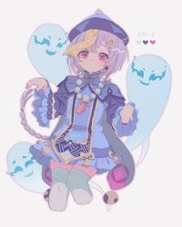 Rule 34 | 1girl, absurdres, bead necklace, beads, coin hair ornament, eyelashes, genshin impact, ghost, hair ornament, hat, heart, highres, jewelry, jiangshi, long hair, long sleeves, looking at viewer, necklace, purple eyes, purple hair, purple headwear, qingdai guanmao, qiqi (genshin impact), simple background, superdiviatomic, thighhighs, white background, wide sleeves