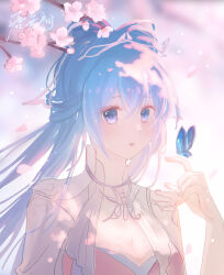 Rule 34 | 1girl, artist request, blue hair, blurry, blurry background, bug, butterfly, collared dress, cone hair bun, douluo dalu, dress, falling petals, gradient eyes, hair bun, hair ornament, hand up, insect, long hair, multicolored eyes, parted lips, petals, second-party source, solo, tang wutong (douluo dalu), teeth, twintails, upper body