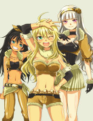 Rule 34 | 3girls, ;d, ahoge, beyond the nobles, beyond the vibes, beyond the wishes, black gloves, black hair, blonde hair, blush, bracelet, breasts, choker, cleavage, clenched teeth, earrings, fur, ganaha hibiki, gloves, green eyes, grey background, highres, hoshii miki, idolmaster, idolmaster (classic), jewelry, large breasts, long hair, looking at viewer, lots of jewelry, medium breasts, midriff, multiple girls, navel, one eye closed, open mouth, pink eyes, ponytail, shijou takane, shorts, silver hair, simple background, skirt, smile, standing, teeth, v, yellow theme, zatou (kirsakizato)