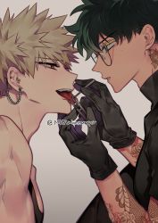 Rule 34 | 2boys, absurdres, arm tattoo, bakugou katsuki, black gloves, blonde hair, boku no hero academia, earrings, freckles, glasses, gloves, green hair, highres, jewelry, looking at another, male focus, midoriya izuku, misa (jjin miryeon), multiple boys, neck tattoo, open mouth, piercing, red eyes, spiked hair, tattoo, tongue, tongue out, twitter username