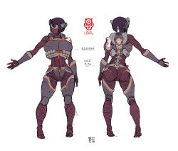 Rule 34 | 1girl, arms at sides, ass, bad source, battlesuit, black hair, breasts, collar, commentary, des (desvitio), english commentary, english text, large breasts, leggings, mask, mechanical spine, original, rienna (desvitio), science fiction, short hair, solo, standing, thighs