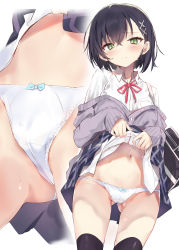 Rule 34 | 1girl, absurdres, bag, black hair, black skirt, black thighhighs, blush, bow, bow panties, cardigan, close-up, closed mouth, collared shirt, commentary request, crossed bangs, gluteal fold, green eyes, grey cardigan, hair between eyes, hair ornament, highres, junior (toshizou), lifting own clothes, long sleeves, looking at viewer, multiple views, navel, original, panties, pleated skirt, school bag, school uniform, shirt, short hair, simple background, skirt, standing, stomach, thighhighs, thighs, toshizou (0714), underwear, uniform, white background, white panties, white shirt, x hair ornament