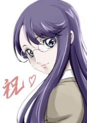 Rule 34 | 1girl, blue eyes, closed mouth, hair between eyes, heart, heartcatch precure!, long hair, looking at viewer, precure, purple hair, rimless eyewear, simple background, smile, solo, tsukikage oyama, tsukikage yuri, upper body, very long hair, white background