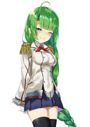 Rule 34 | 1girl, ahoge, black skirt, black thighhighs, blue eyes, braid, buttons, commentary request, cosplay, cowboy shot, epaulettes, frilled sleeves, frills, gloves, green hair, jacket, kantai collection, kashima (kancolle), kashima (kancolle) (cosplay), kerchief, long hair, long sleeves, looking at viewer, military, military jacket, military uniform, miniskirt, mole, mole under mouth, neckerchief, one eye closed, pleated skirt, pooor, red neckerchief, simple background, single braid, skirt, solo, thighhighs, uniform, very long hair, wavy hair, white background, white gloves, yuugumo (kancolle)
