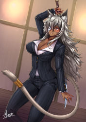 Rule 34 | 1girl, adsouto, ahoge, animal ear fluff, animal ears, arm behind head, arm up, armpits, blouse, breasts, cat ears, cat tail, choker, cleavage, closed mouth, covered erect nipples, covered navel, cowboy shot, dark-skinned female, dark skin, eyepatch, facial scar, formal, ghislaine dedoldia, groin, hair between eyes, highres, holding, holding sword, holding weapon, jacket, large breasts, long hair, looking to the side, midriff, muscular, muscular female, mushoku tensei, pants, red choker, red eyes, scar, scar on cheek, scar on face, shirt, sidelocks, solo, standing, striped clothes, striped jacket, striped pants, suit, sword, tail, tail ornament, tail ring, vertical-striped clothes, vertical-striped jacket, vertical-striped pants, weapon, white shirt
