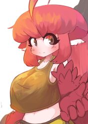 Rule 34 | 1girl, absurdres, ahoge, animal ears, bird ears, bird legs, blush, breasts, brown eyes, brown tank top, coco (eogks), commentary, feathered wings, feathers, harpy, highres, huge ahoge, large breasts, long hair, looking at viewer, midriff, monster girl, navel, nn (eogks), original, reaching, reaching towards viewer, red feathers, red hair, red wings, sidelocks, simple background, solo, tank top, white background, winged arms, wings