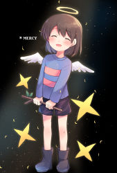 Rule 34 | 1girl, black background, black legwear, black shorts, boots, brown hair, closed eyes, falling leaves, frisk (undertale), full body, halo, head tilt, highres, holding, holding stick, leaf, light particles, light rays, long hair, open mouth, purple shirt, shirt, short hair, shorts, simple background, standing, star (symbol), stick, striped clothes, striped shirt, undertale, wings, xox xxxxxx