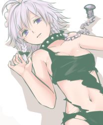 Rule 34 | 1girl, ahoge, bare arms, bare shoulders, black bow, black collar, blue eyes, bow, braid, breasts, chain, chain leash, cleavage, collar, collarbone, commentary request, hair between eyes, hair bow, hand up, izayoi sakuya, leash, looking at viewer, lying, maid headdress, medium breasts, midriff, miyo (ranthath), navel, on back, parted lips, shadow, shiny skin, short hair, silver hair, simple background, single strap, solo, stomach, torn clothes, touhou, twin braids, upper body, white background