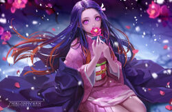Rule 34 | 1girl, anna lynn, artist name, commentary, english commentary, fingernails, flower, holding, holding flower, japanese clothes, kamado nezuko, kimetsu no yaiba, long fingernails, looking at viewer, petals, pink eyes, purple hair, sitting, solo
