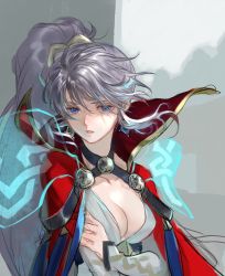 Rule 34 | alternate costume, blue eyes, breasts, cape, cleavage, collarbone, commentary, crossed arms, dress, english commentary, fire emblem, fire emblem: genealogy of the holy war, fire emblem heroes, floating hair, grey background, hair behind ear, head tilt, highres, ishtar (fire emblem), long hair, looking at viewer, medium breasts, mixed-language commentary, nintendo, official alternate costume, parted lips, red cape, silver hair, suzuki rika, white dress
