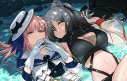 Rule 34 | 2girls, animal ear fluff, animal ears, arknights, black bow, black scarf, blue feathers, bow, breasts, cat ears, ceylon (arknights), cleavage, commentary, crop top, dress, feather hair, feathers, gloves, hand up, hands up, has bad revision, has downscaled revision, hat, hat bow, highres, large breasts, long hair, long sleeves, looking at viewer, lying, md5 mismatch, midriff, multiple girls, navel, on back, pink hair, resolution mismatch, s.w, scarf, schwarz (arknights), silver hair, source smaller, steepled fingers, stomach, upper body, water, white dress, white gloves, white headwear, yellow eyes